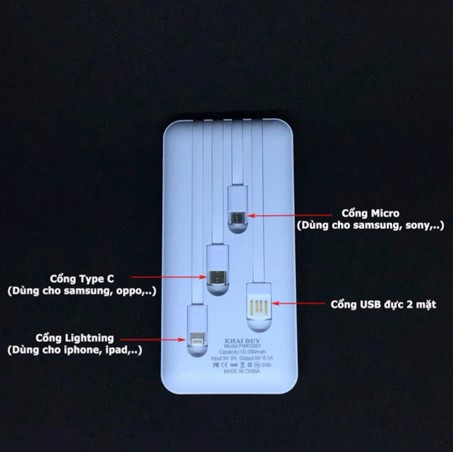 Pin Sạc Dự Phòng 10000mah Cao Cấp Khai Duy - Tích hợp sẵn dây cáp sạc 4 trong 1 chính hãng giá tốt