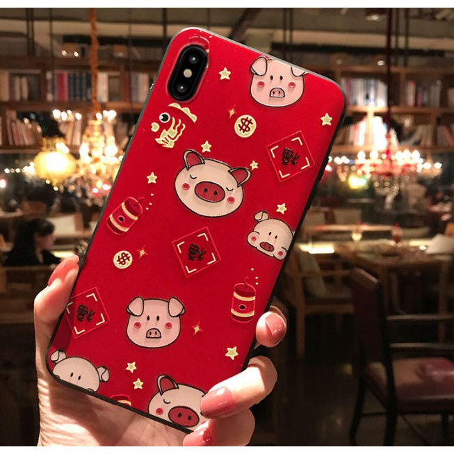 Ốp lưng iPhone 6 6s 6 Plus 6s Plus 7 7 Plus 8 8 Plus X XS Max hình con lợn chú heo màu đỏ Thần Tài dễ thương dẻo 3D Case