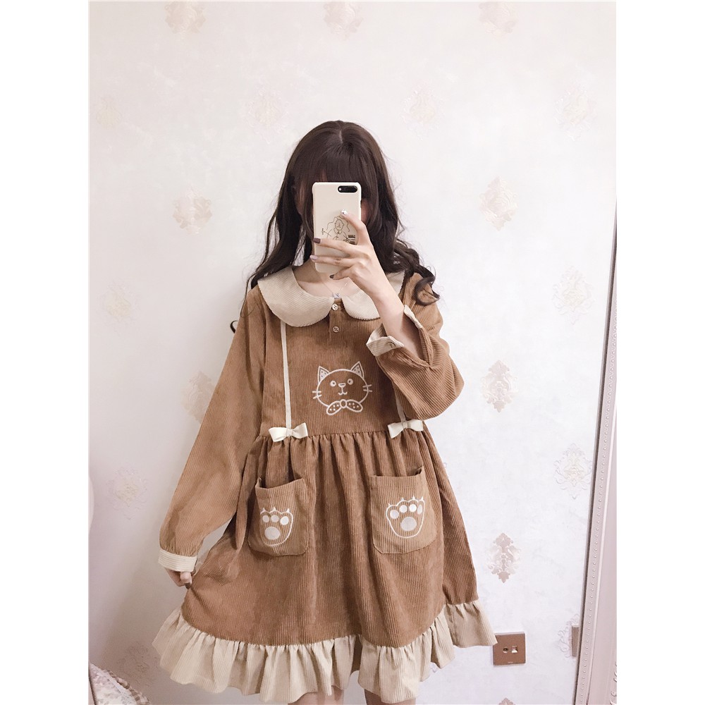 [SẴN NÂU L]Đầm baby doll lolita dễ thương tay dài cố áo búp bê có nơ túi áo thêu mèo ulzzang ( 2 màu )