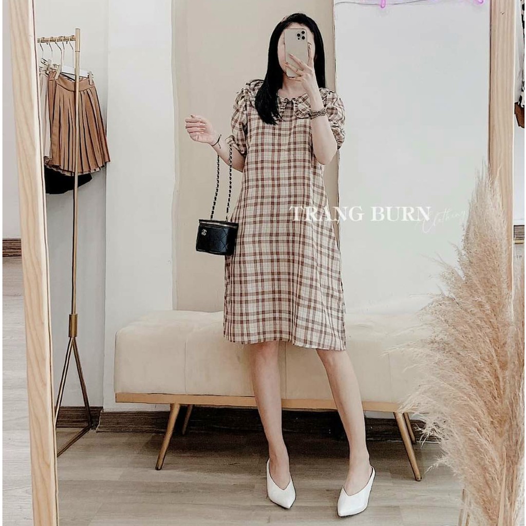 Váy bầu thời trang thiết kế kẻ caro M303 chất Cotton thô freesize từ 45 đến 70kg