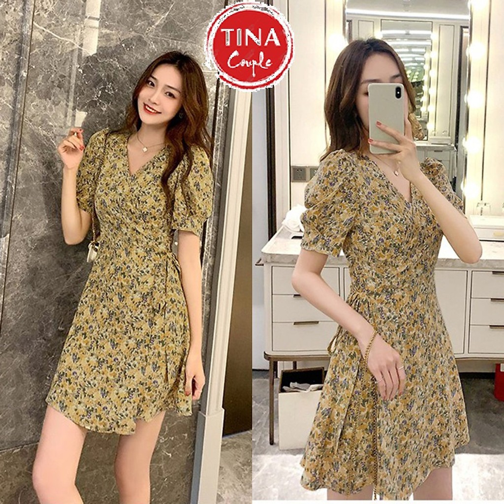 Đầm Xòe Hoa Bi Eo Thắt Nơ Thiết Kế Tay Phồng, Form Váy Xòe, Dây Thắt Eo Nhỏ Xinh Duyên Dáng Couple Tina