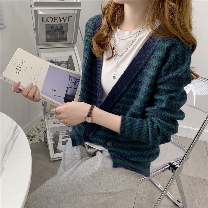 SUXI Áo Khoác Cardigan Dệt Kim Dáng Rộng Hoạ Tiết Kẻ Sọc Phong Cách Retro Hàn Quốc