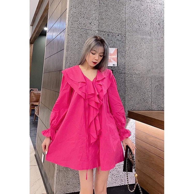 Đầm sơ mi nữ cổ bèo dáng suông Váy dài tay cổ tim đơn giản | BigBuy360 - bigbuy360.vn