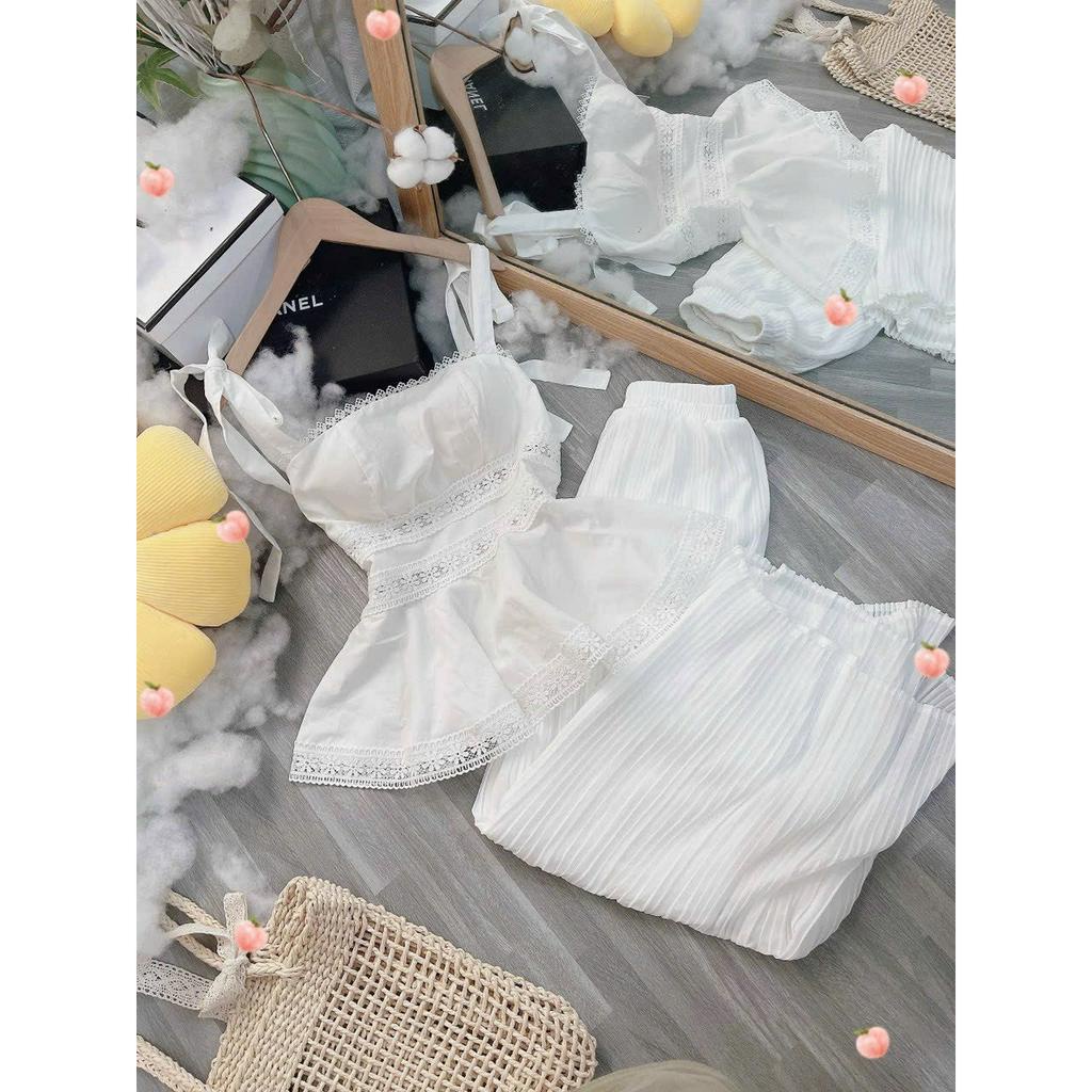 SET ÁO PEPLUM REN NƠ VAI + QUẦN DẬP LY TRẮNG SUÔNG