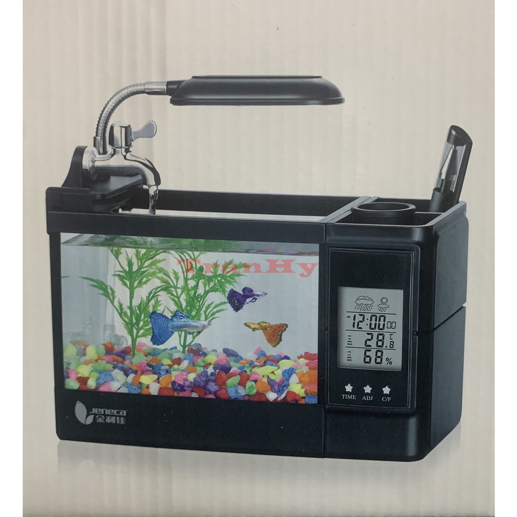 Hồ cá mini, hồ cá để bàn có đồng hồ, hồ cá Jeneca TG-03 màu trắng