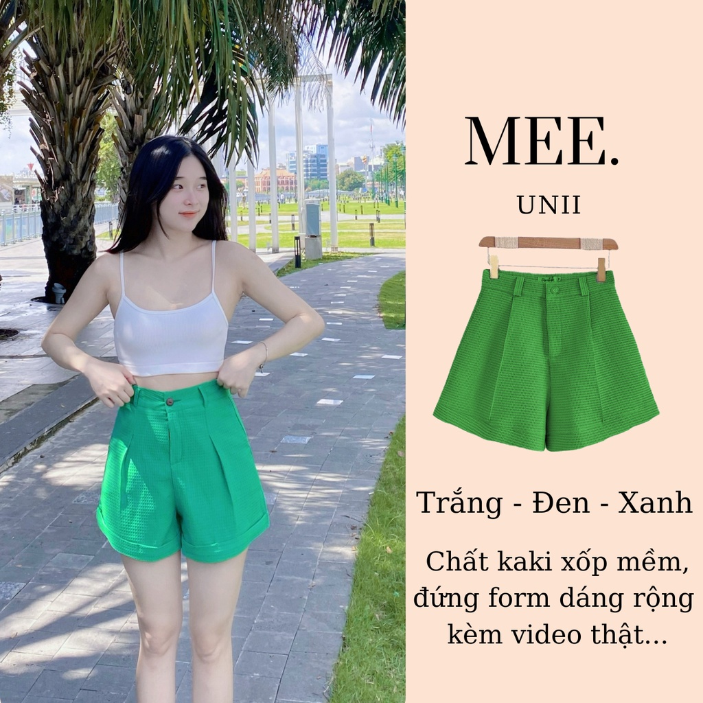 Quần short nữ ống rộng MEE.UNII vải kaki xốp mềm lưng cao đứng form, quần sooc cạp cao trắng đen xanh lá