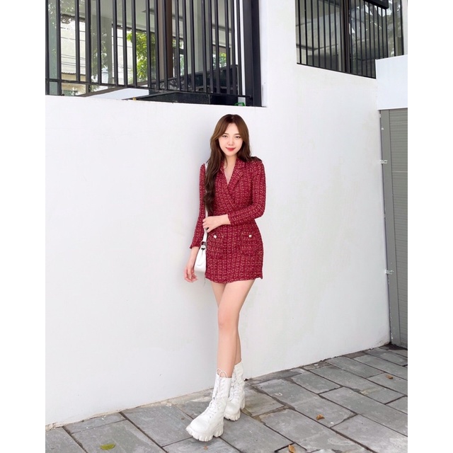 Đầm bố đỏ cổ vest tay dài siêu xinb thích hợp cho bạn gái dịp noel,đi chơi chụp ảnh hoặc đi làm công sở