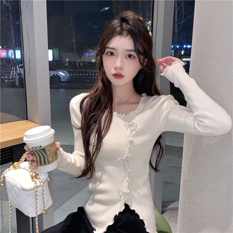 Áo dệt kim QKOOLE tay dài dáng ôm cổ chữ V đơn giản phong cách Hàn Quốc dành cho nữ