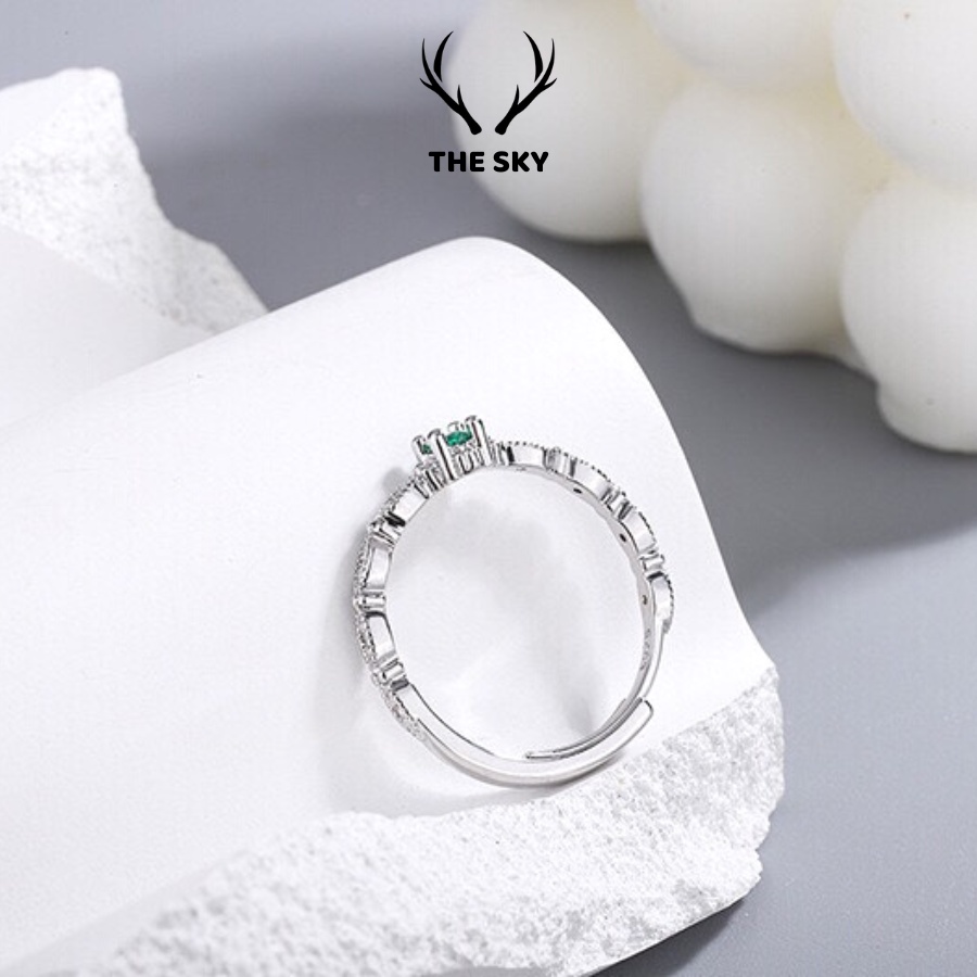 Nhẫn Bạc Nữ THE SKY NB09 Khắc Cách Điệu Kèm Mặt Đá Xanh Bích Freesize