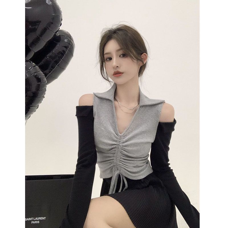 Áo Thun Dài Tay Trễ Vai Cổ Chữ V Eo Cao Phối Dây Rút JL-TX-527