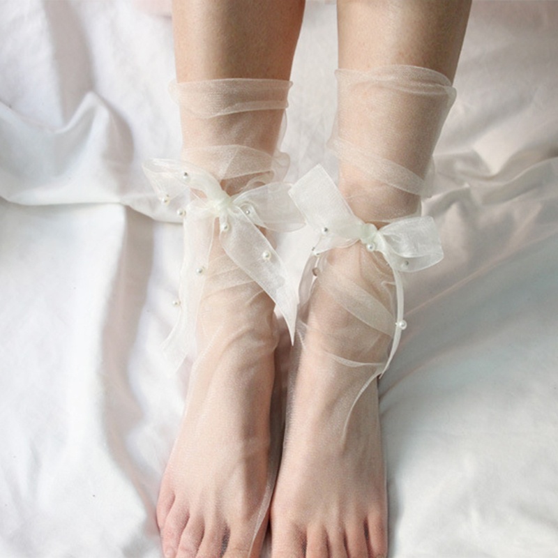 Xiangbao Tất Lưới Vải Tuyn Xuyên Thấu Siêu Mỏng Đính Ngọc Trai Và Ruy Băng Cho Nữ