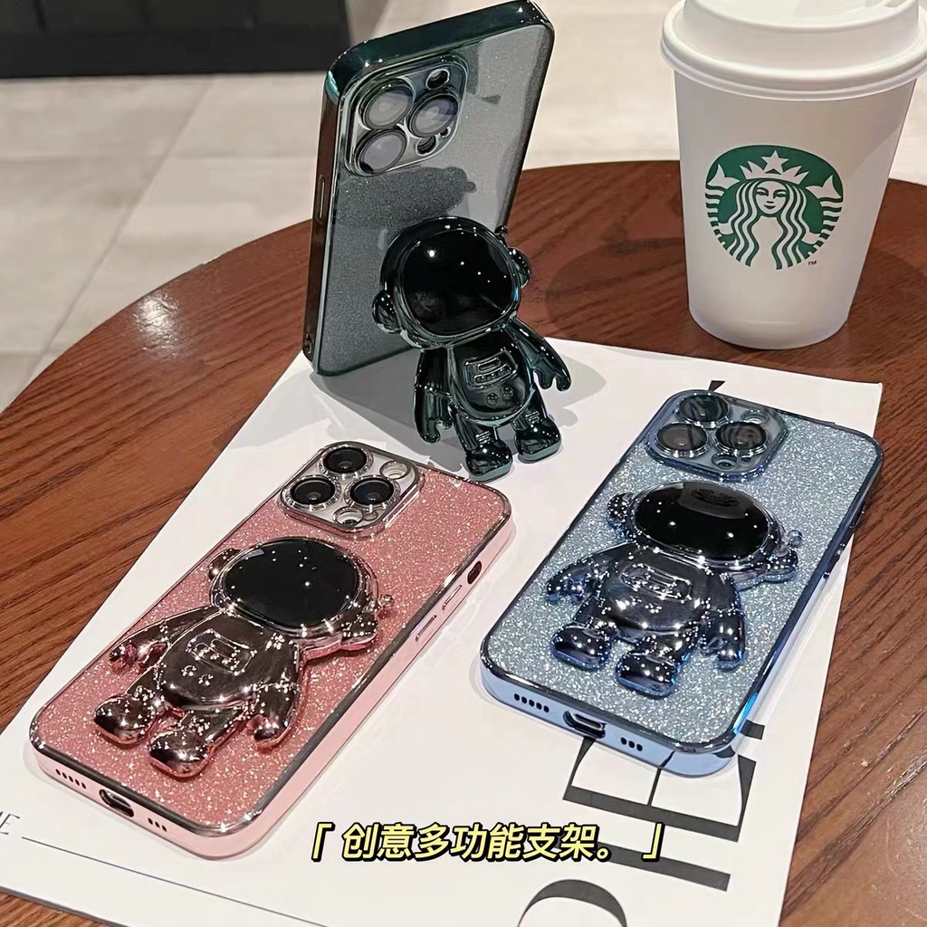 Ốp Điện Thoại iPhone 13 12 11 Pro Xs Max 12 13 Mini 7 8 Plus XR X 6D 11Pro max 14 plus x xs xr xsmax Silicon case ốp lưng điện thoại iphone 14 promax Dẻo In Hình Phi Hành Gia Lấp Lánh Sang Trọng Có Giá Đỡ