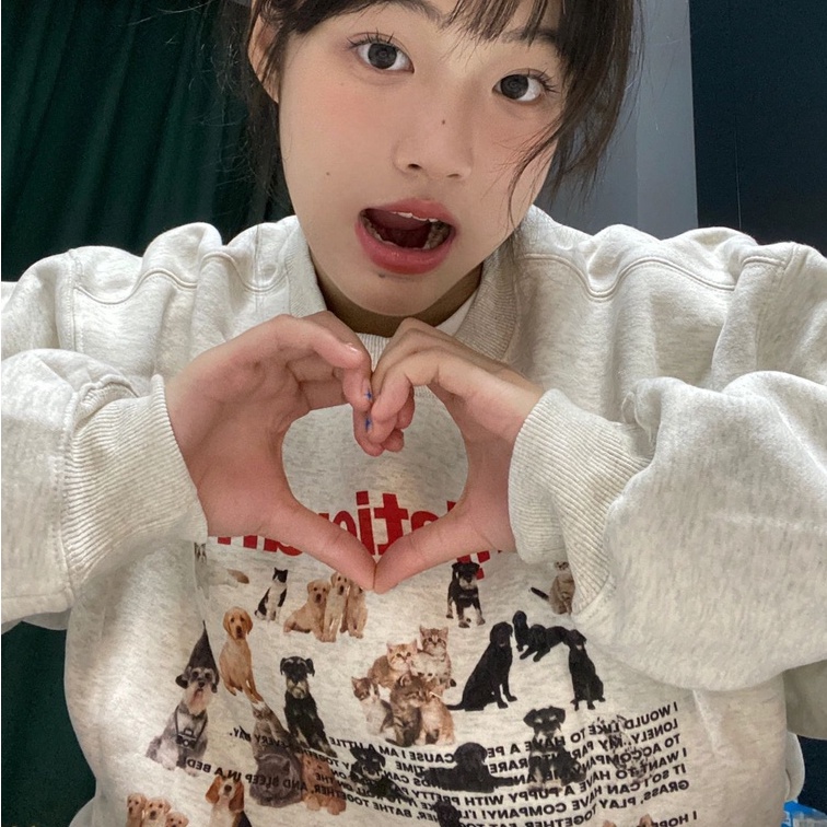 ZHELIHANGFEI Áo Sweater Tay Dài Cổ Tròn Dáng Rộng In Họa Tiết Xinh Xắn