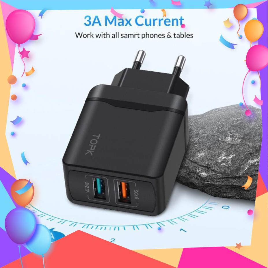 Củ Sạc Nhanh TOPK B244Q Chia Hai Cổng Kết Nối USB Sạc Nhanh 28W QC 3.0 Đầu Cắm EU Dùng Khi Du Lịch