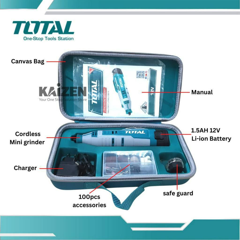 Máy mài khuôn dùng pin 12V TOTAL TMGLI12011 Kích thước mũi mài 3.2mm, tốc độ thay đổi, kèm 100 linh kiện, 1 pin 1 sạc
