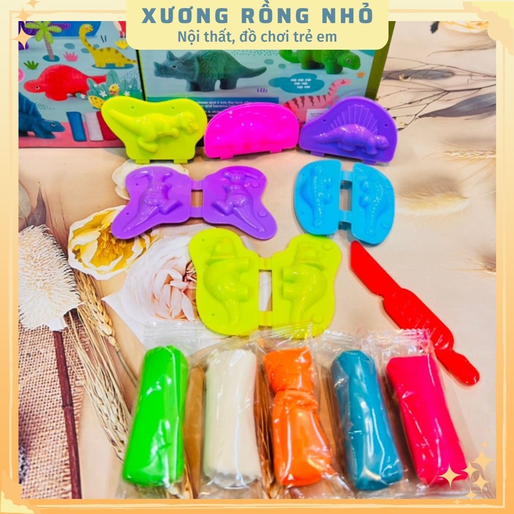 Đất sét nặn an toàn có kèm nhiều khuôn nhựa ABS hình khủng long đáng yếu cho bé khéo tay sáng tạo