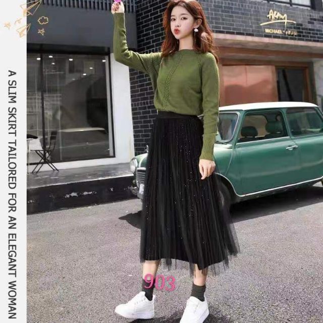 CHÂN VÁY XẾP LY 2 LỚP NHUNG LƯỚI - ẢNH THẬT | BigBuy360 - bigbuy360.vn