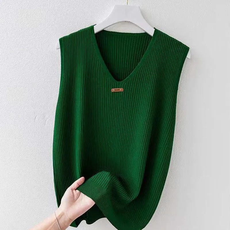 Áo Dệt Kim Nữ Sát Nách Dáng Rộng Cổ Chữ V Plus Size