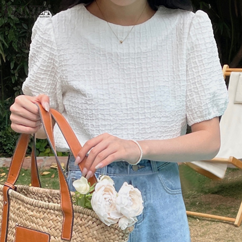 Áo sơ mi Zanzea tay lửng cổ tròn màu trơn sành điệu dành cho nữ