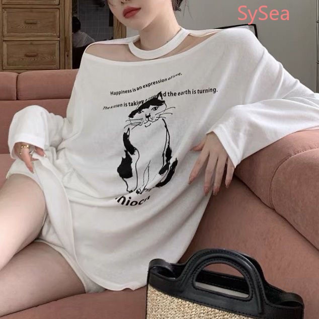 Áo Thun In Hình Mèo Dễ Thương Thời Trang Mùa Thu Quyến Rũ Dành Cho Nữ