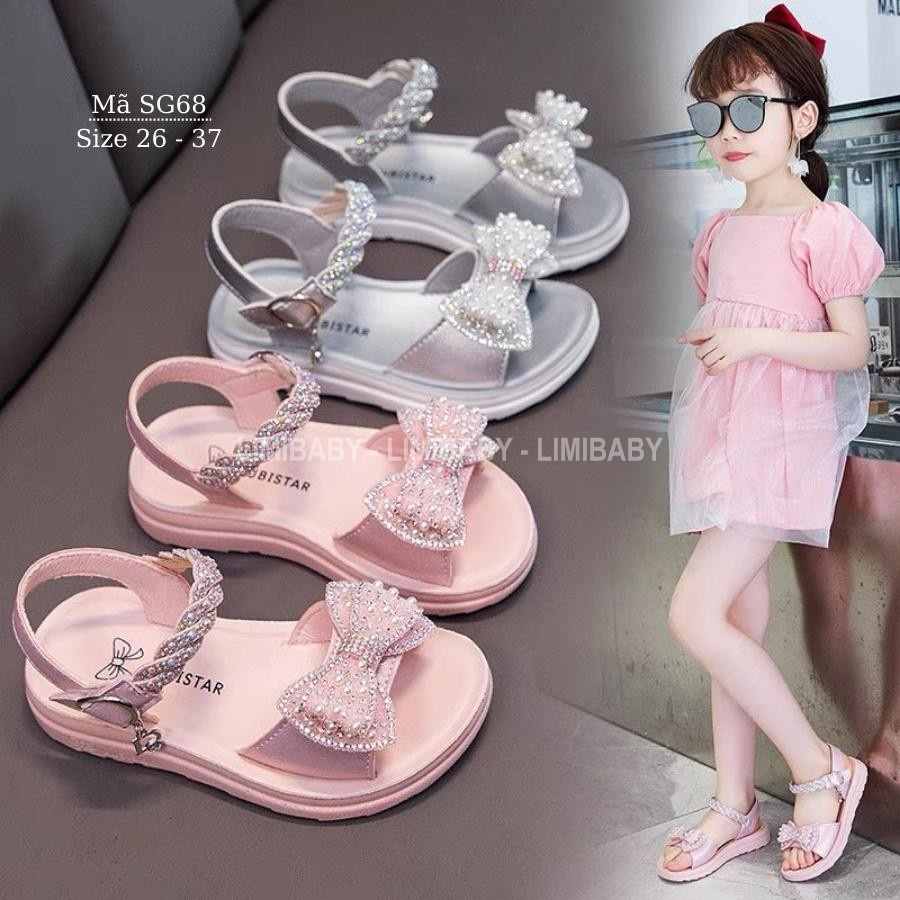 Sandal bé gái 3 - 12 tuổi gắn nơ công chúa điệu đà quai hậu màu hồng kiểu dáng thời trang phong cách Hàn Quốc SG68