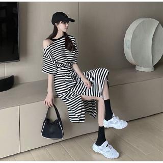 Đầm hở vai tay lửng xẻ tà thắt nơ eo có sẵn giá bán sỉ miễn phí vận chuyển
