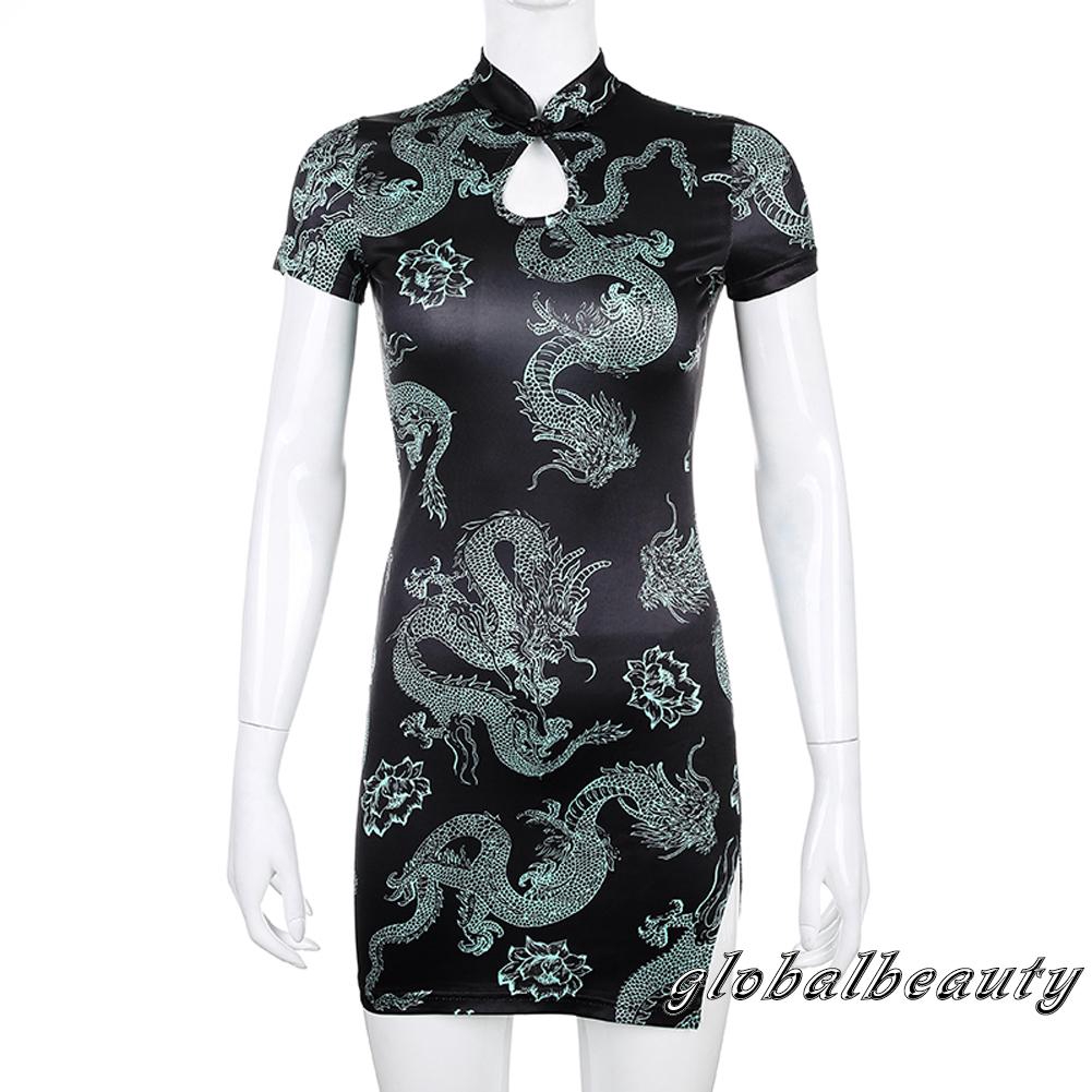 Đầm Sườn Xám Ôm Dáng In Hình Rồng Phong Cách Trung Hoa Cho Nữ