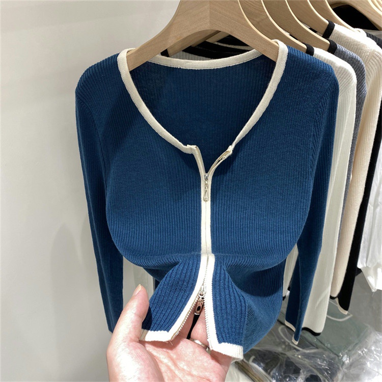 Áo Sweater Dệt Kim Tay Dài Dáng Ôm Màu Sắc Tương Phản Thời Trang Mùa Thu Cho Nữ
