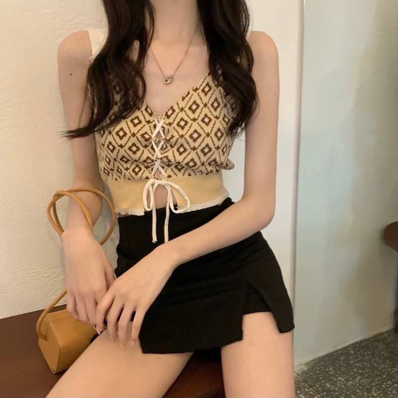 Áo kiểu ZHELIHANGFEI hai dây dệt kim cổ chữ V dáng ngắn thời trang quyến rũ dành cho nữ