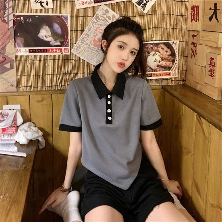 Áo thun lửng ZHELIHANGFEI cổ polo tay ngắn kiểu lệch tà cá tính thời trang dành cho nữ