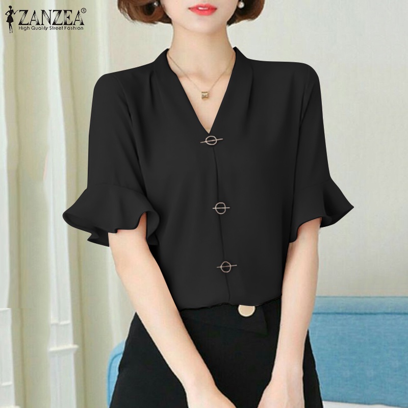 Áo kiểu Zanzea tay lửng cổ chữ V phong cách quyến rũ thời trang cho nữ