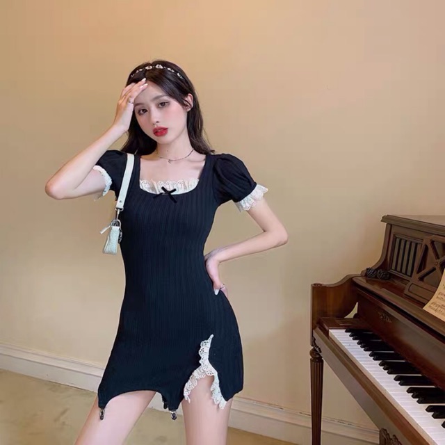 (Sẵn) Đầm body đen viền ren tiểu thư Lolita / Váy ôm body đen gợi cảm xẻ tà ( ảnh thật cuối )