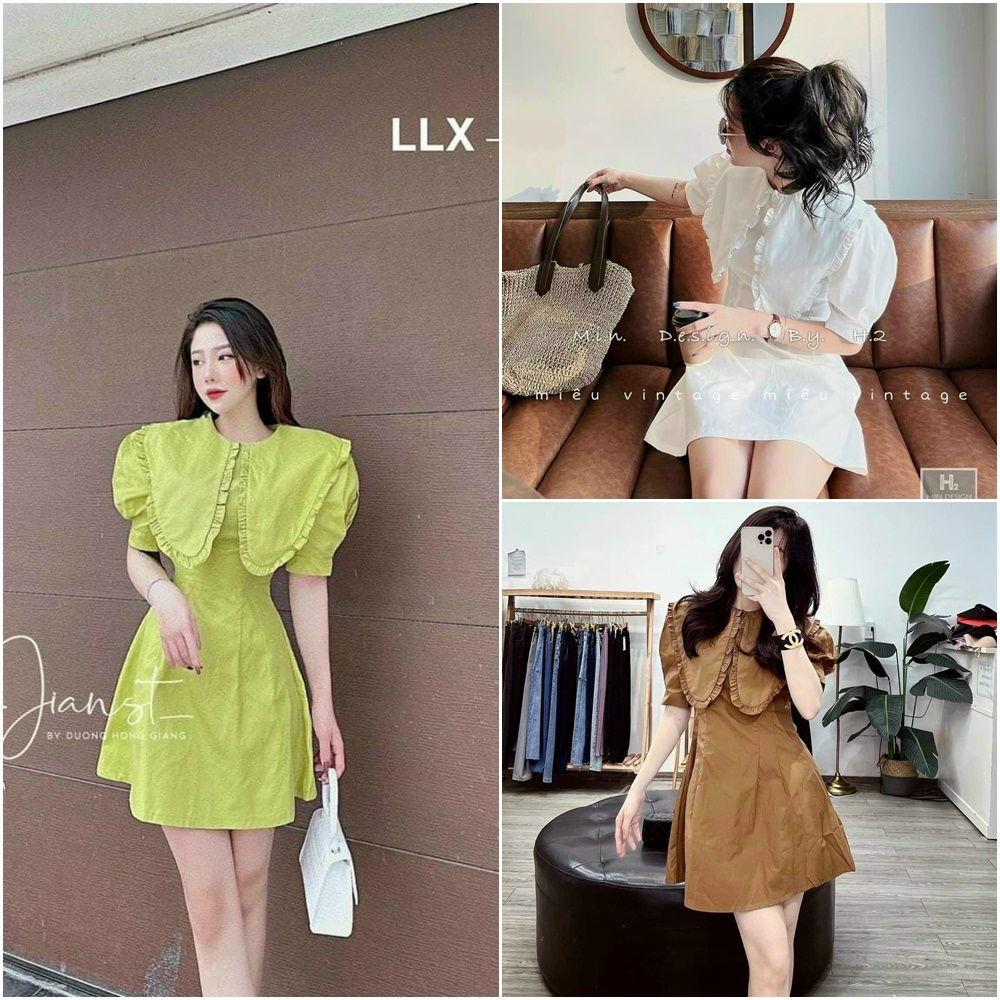 Đầm bèo lá cổ lớn tiểu thư vintage dáng xòe xinh xắn_bèo 3 màu