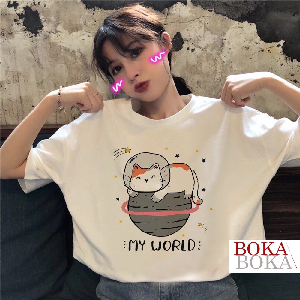 Áo thun nữ tay lỡ freesize phông form rộng Unisex In Hình Mèo BST My World