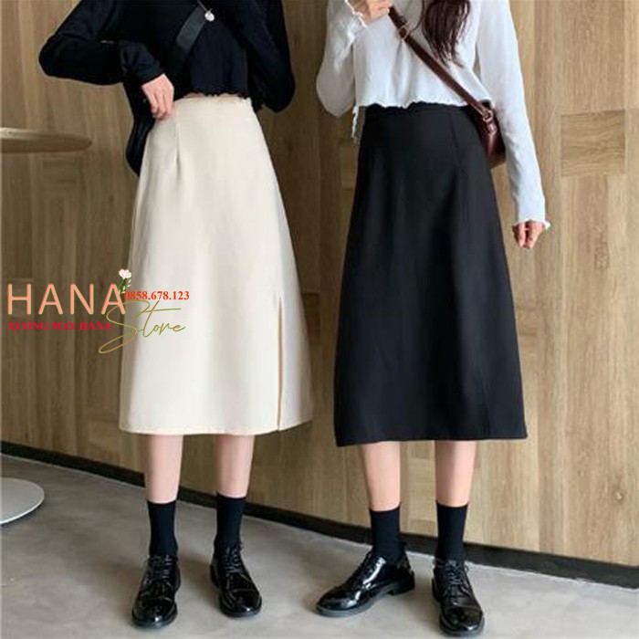 Chân váy dài xẻ tà trước Ulzzang dáng chữ A suông trơn rộng khóa sau - Màu Đen Kem cao cấp - Mặc công sở đi biển qua gối