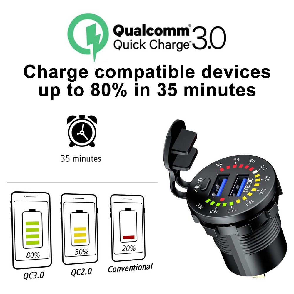Tẩu sạc nhanh Qc 3.0 PECHAM hai cổng USB 12V/24V 18W có đèn LED chống thấm nước tiện lợi cho xe hơi