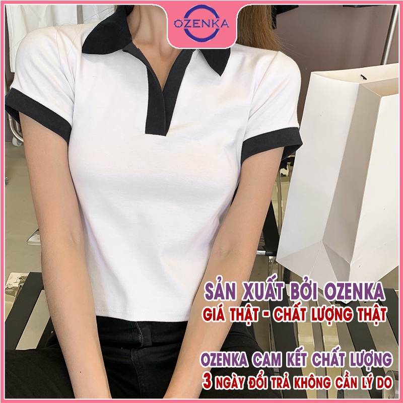 Áo croptop polo nữ đẹp OZENKA , áo crt cộc tay ôm body cải màu đen trắng thun gân 100% cotton free size dưới 50 kg