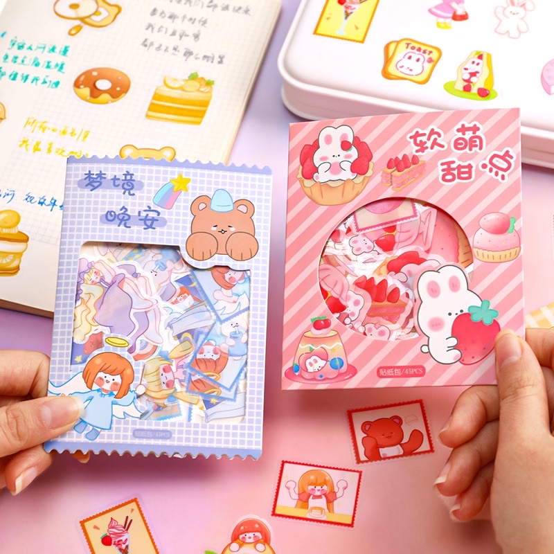 Set 45 miếng dán sticker cute hoạ tiết hoạt hình gấu nâu và thỏ Tiệm Ốc Sột-ST003