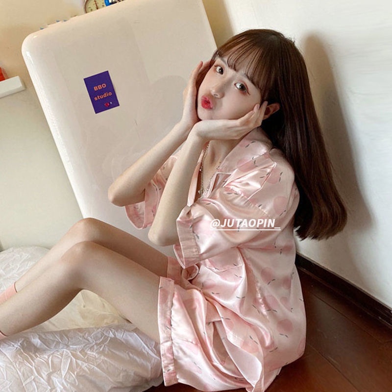 Pajamas girls summer ice silk thin short sleeves sweet Korean version ins style student home clothes two sets