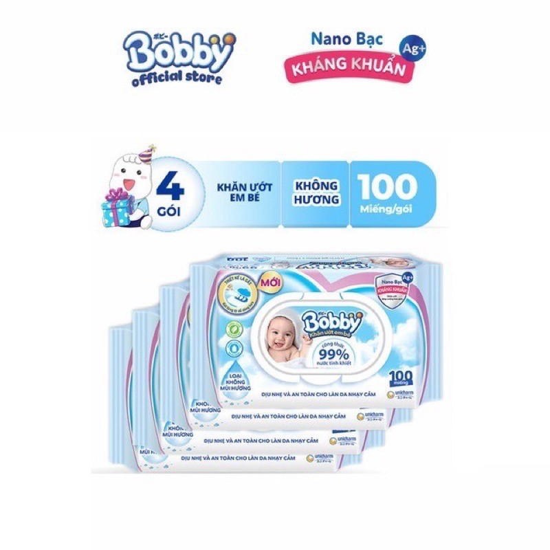 Bộ 4 gói khăn ướt bobby không mùi 100 tờ (màu xanh)