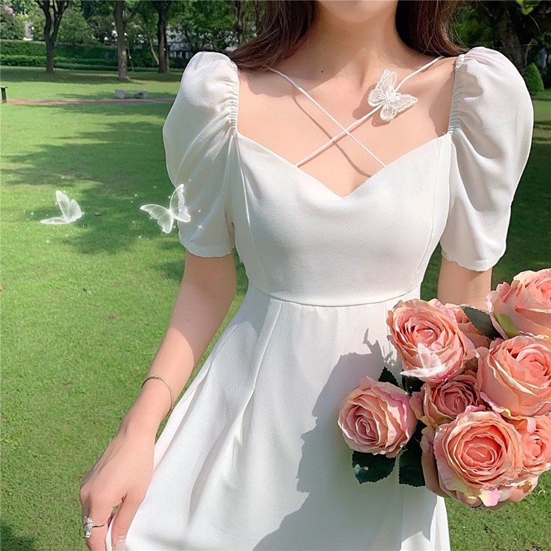 đầm trắng đầm bigsize nữ váy đi biển váy bầu mùa hè đầm midi đầm nữ váy nơ đầm cổ vuông đầm hở lưng đầm tay phồng đầm đi tiệc váy tiểu thư sang chảnh