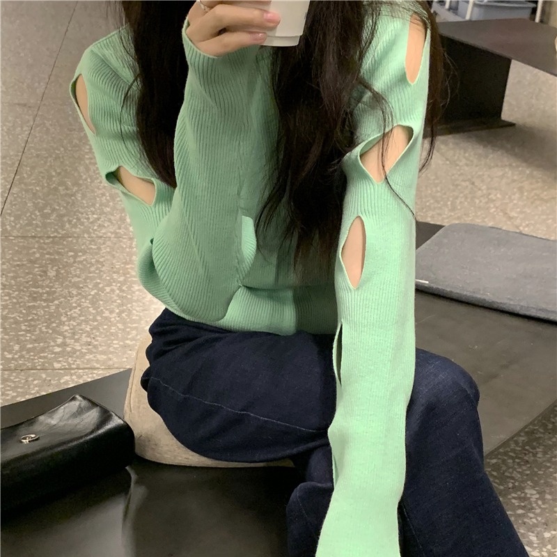 Áo Dệt Kim Nữ Tay Dài Khoét Lỗ Thời Trang