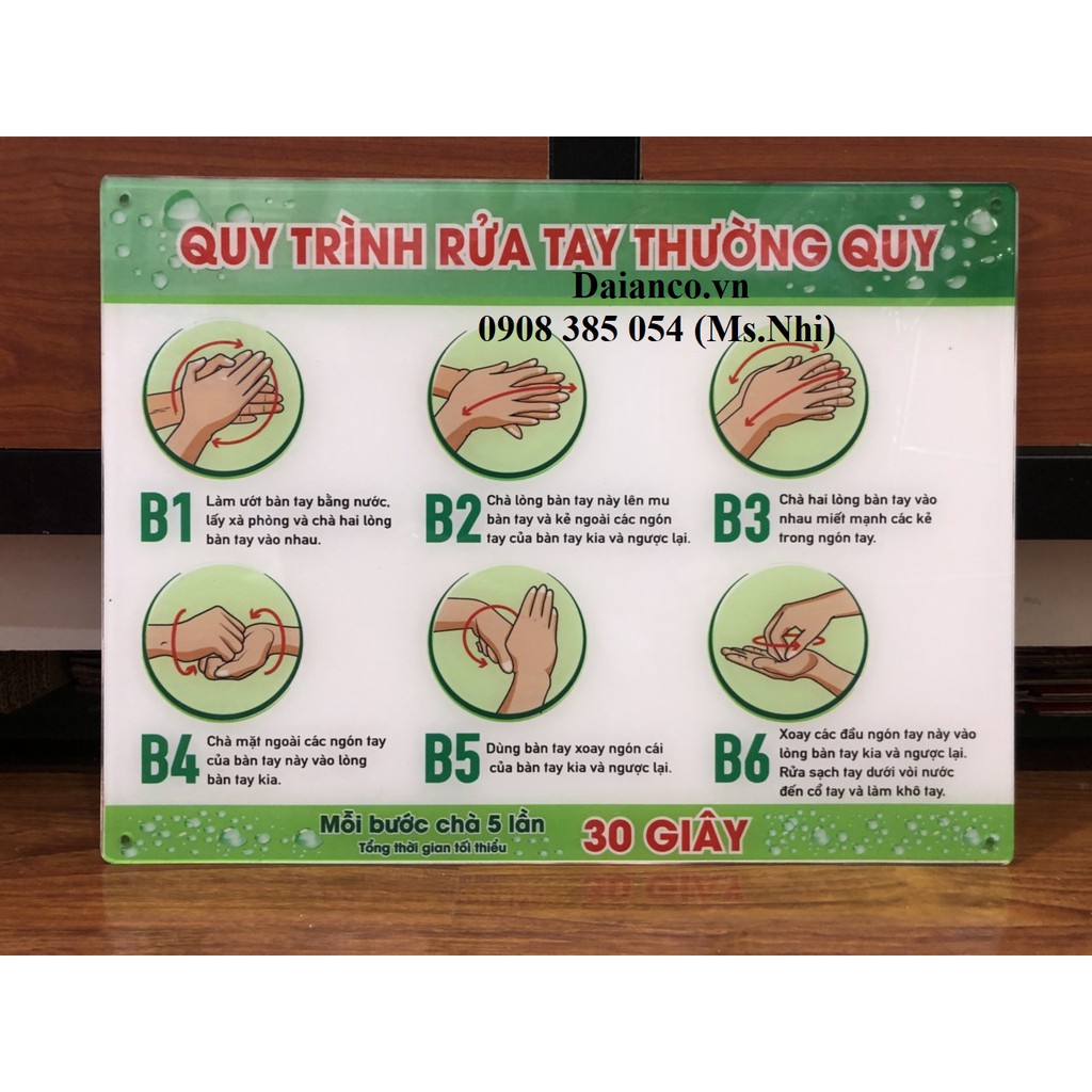 Bảng mica hướng dẫn quy tắc rửa tay- KT34x40cm- Hình thật