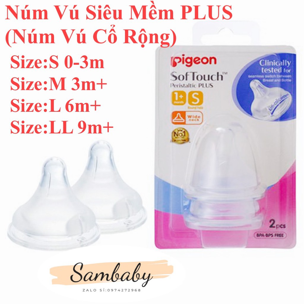 Núm Ty Pigeon Cổ Rộng,Núm Vú Giả Silicon Siêu Mềm,Núm Vú Cổ Rộng PIGEON PLUS Đủ Size S/M/L/LL