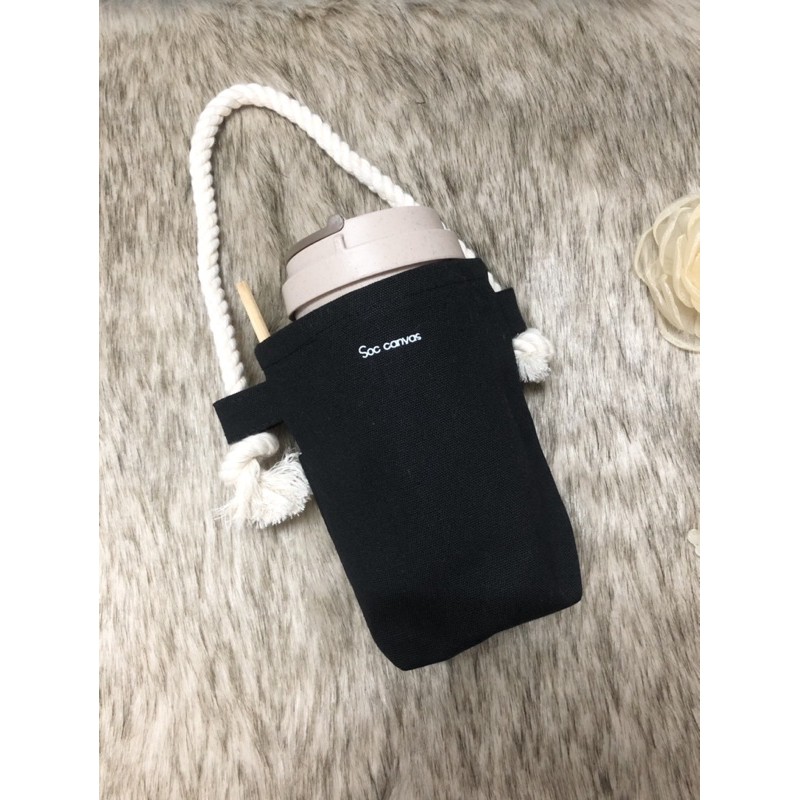 TÚI VẢI CANVAS MÀU ĐEN ĐỰNG BÌNH NƯỚC, LY NƯỚC IN HÌNH BOTTLE BAG, CUP BAG