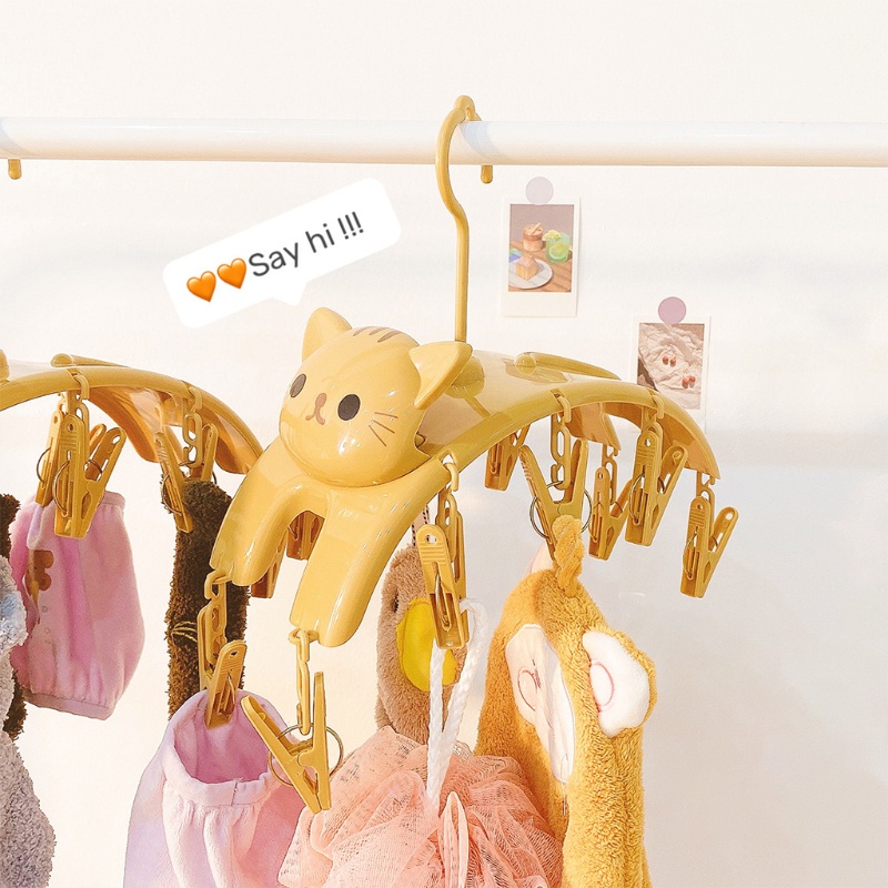 Móc treo quần áo với 10 kẹp phơi đồ lót thiết kế hình mèo hoạt hình dễ thương đa chức năng