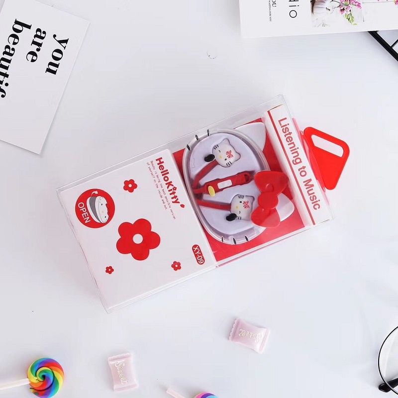 Tai Nghe Nhét Tai Có Dây Hình Hoạt Hình Disney Hello Kitty Dễ Thương Kèm Hộp Đựng