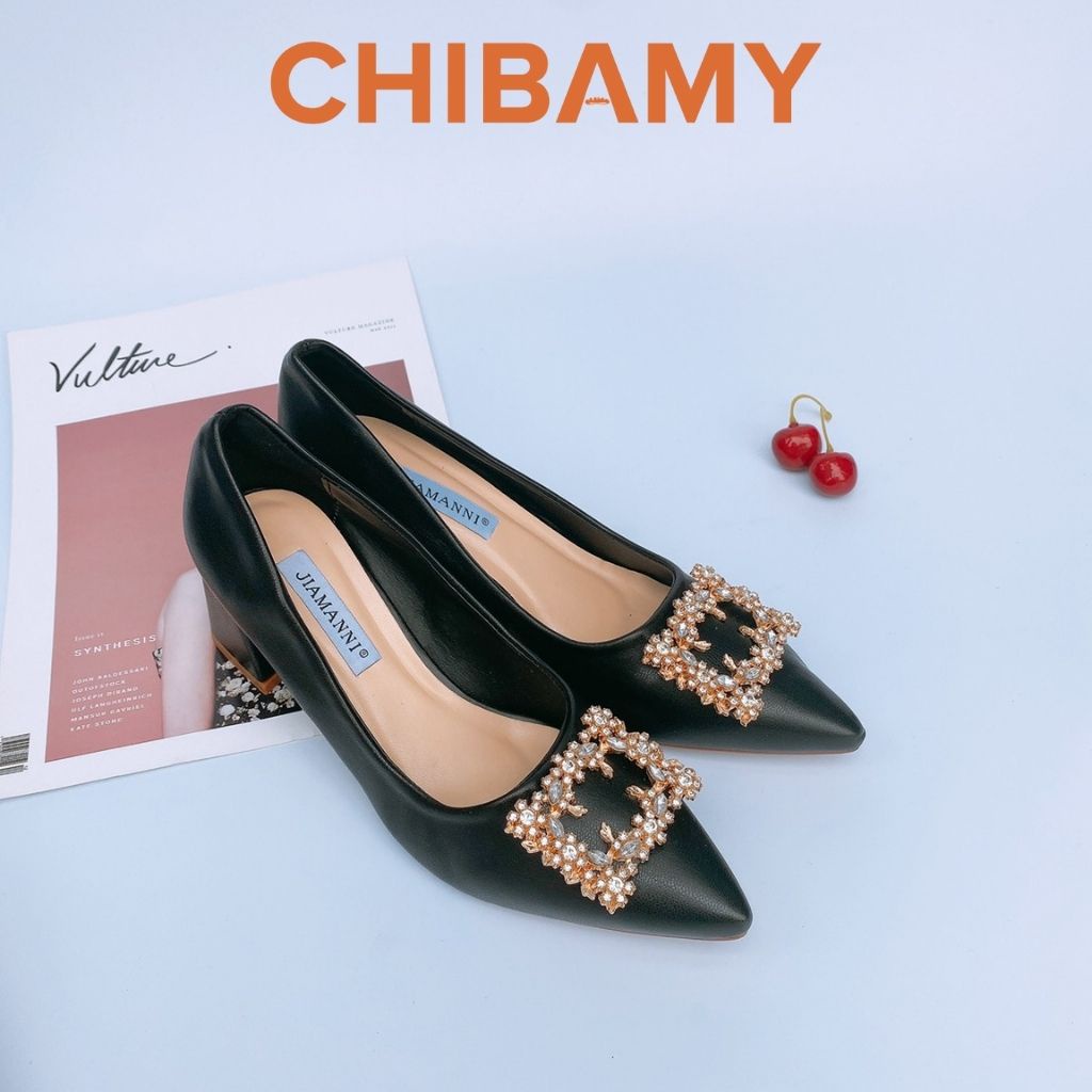 Giày cao gót nữ đính đá 5cm CHIBAMY, gót vuông mũi nhọn chất da mềm mã CG03
