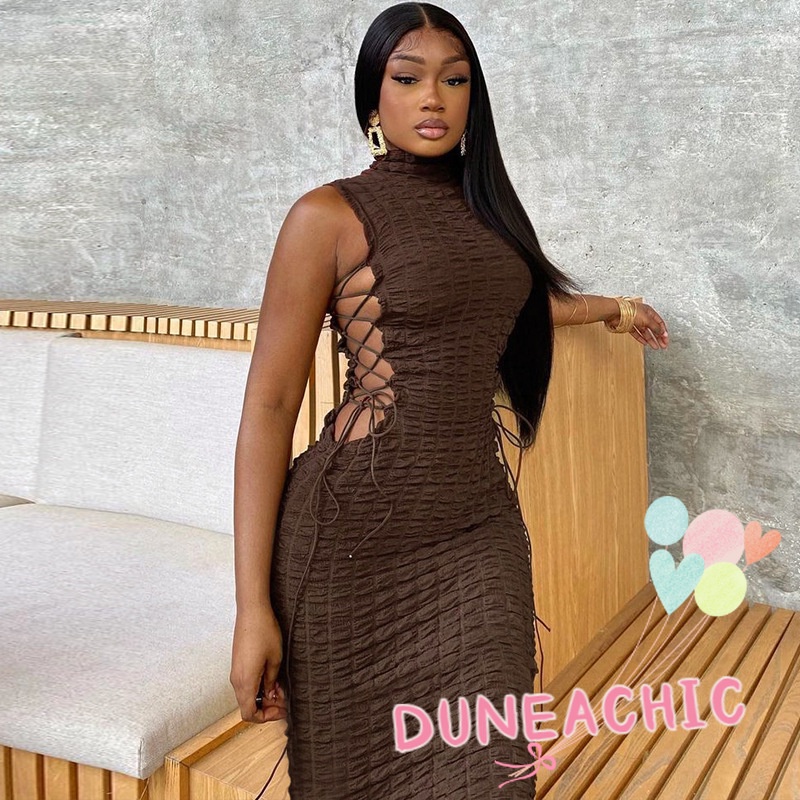 DUNEA Đầm không tay phối dây rút quyến rũ thời trang cho nữ