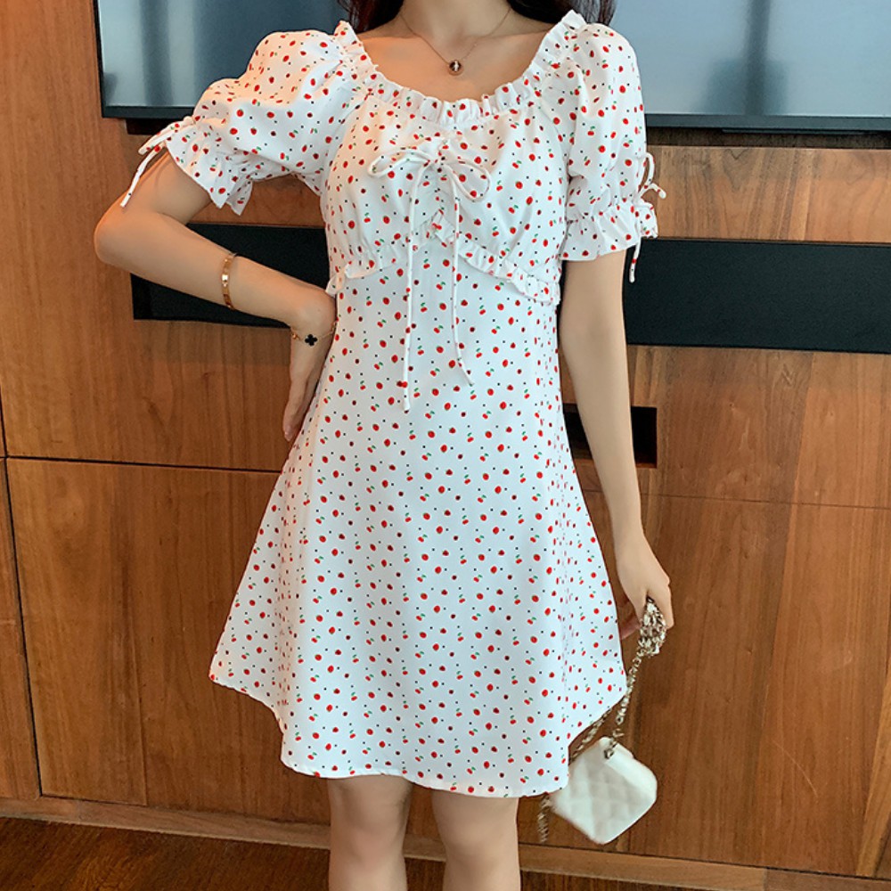 Váy nữ , đầm nữ họa tiết chấm bi , cổ bánh bèo , tay áo bồng thắt nơ váy đẹp chất UMI mềm nhẹ tôn dáng ATILA SHOP. | BigBuy360 - bigbuy360.vn